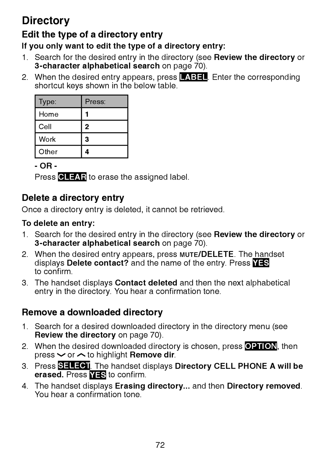 VTech DS6472-6 user manual Edit the type of a directory entry, Delete a directory entry, Remove a downloaded directory 