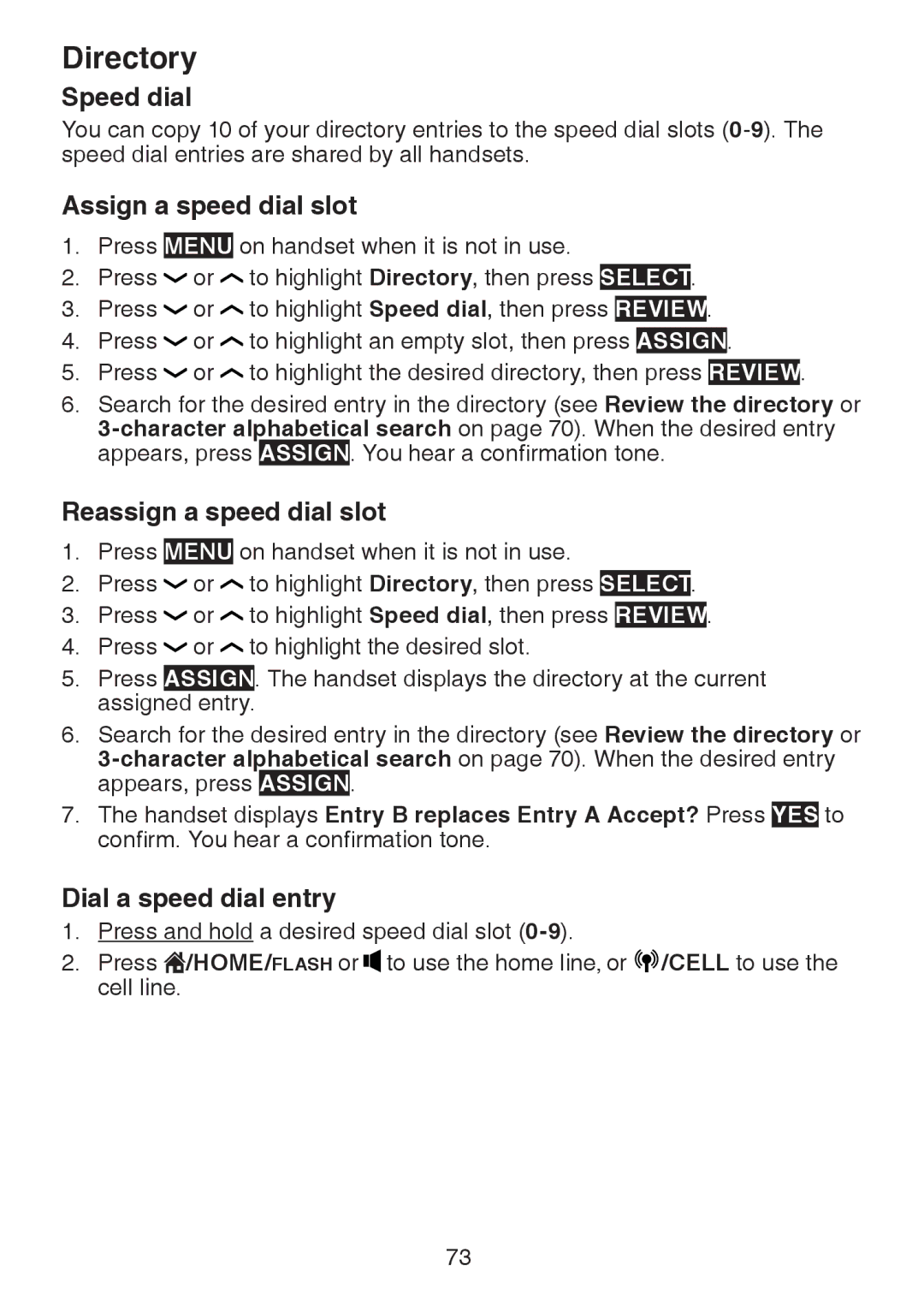 VTech DS6472-6 user manual Speed dial, Assign a speed dial slot, Reassign a speed dial slot, Dial a speed dial entry 