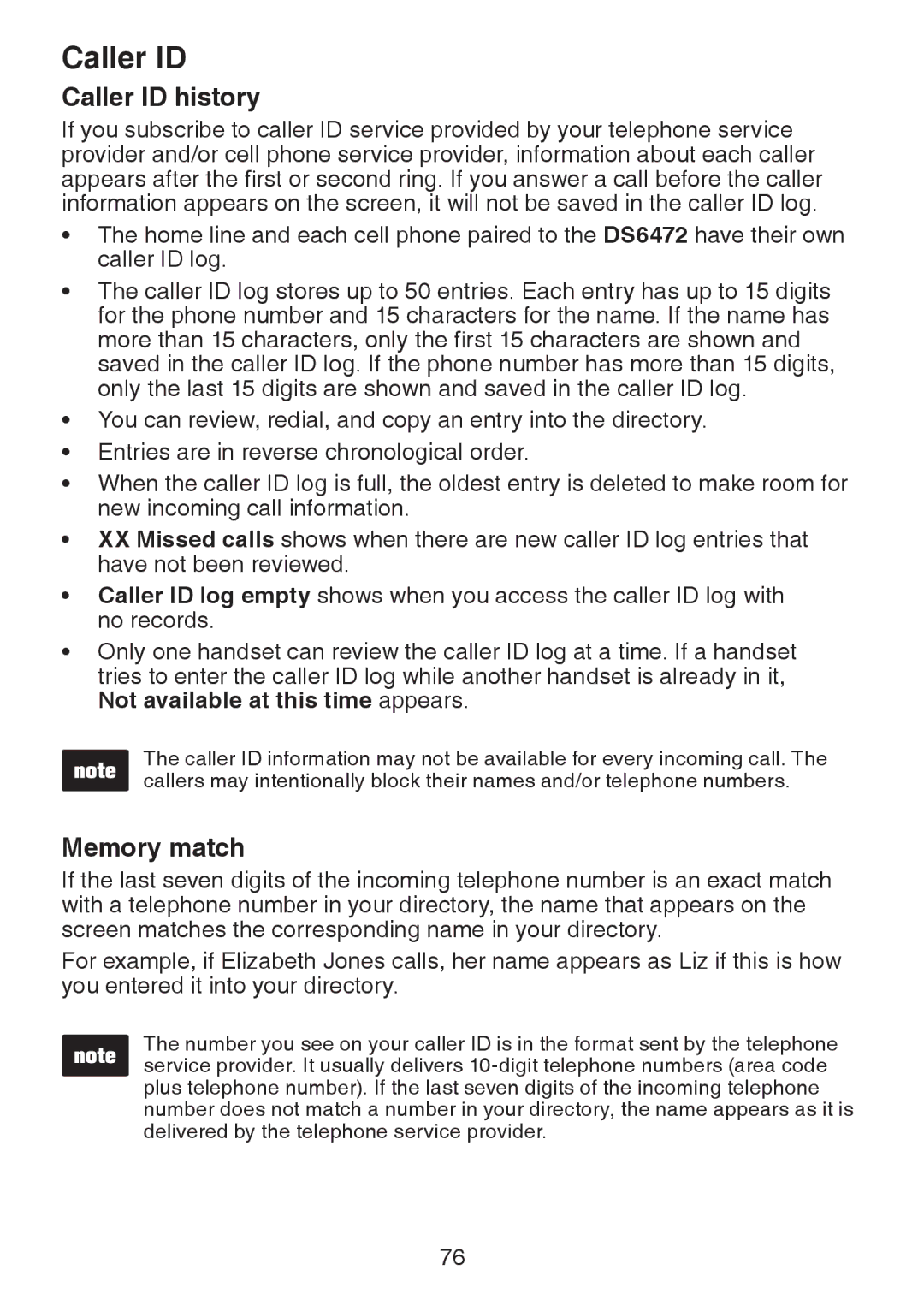 VTech DS6472-6 user manual Caller ID history, Memory match 