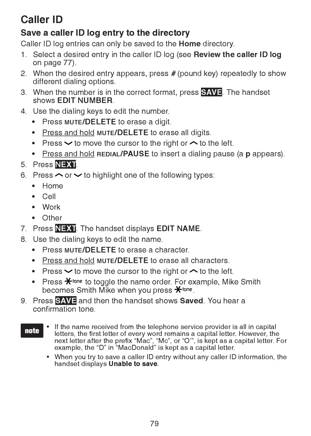 VTech DS6472-6 user manual Save a caller ID log entry to the directory 