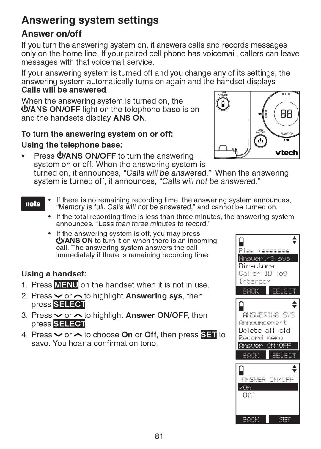 VTech DS6472-6 user manual Answering system settings, Answer on/off, Using a handset 