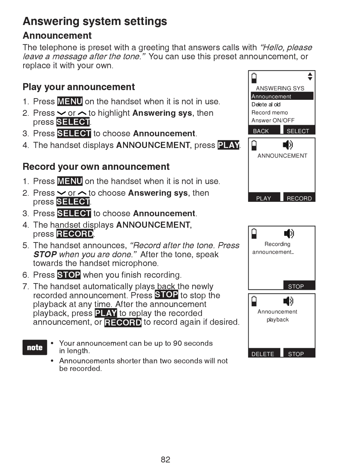 VTech DS6472-6 user manual Announcement, Play your announcement, Record your own announcement 