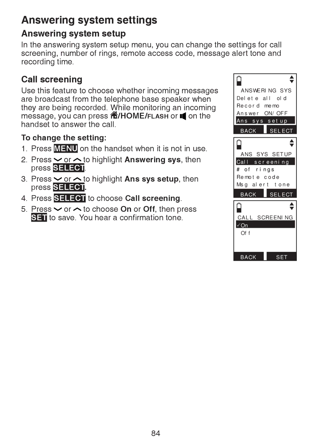 VTech DS6472-6 user manual Answering system setup, Call screening 