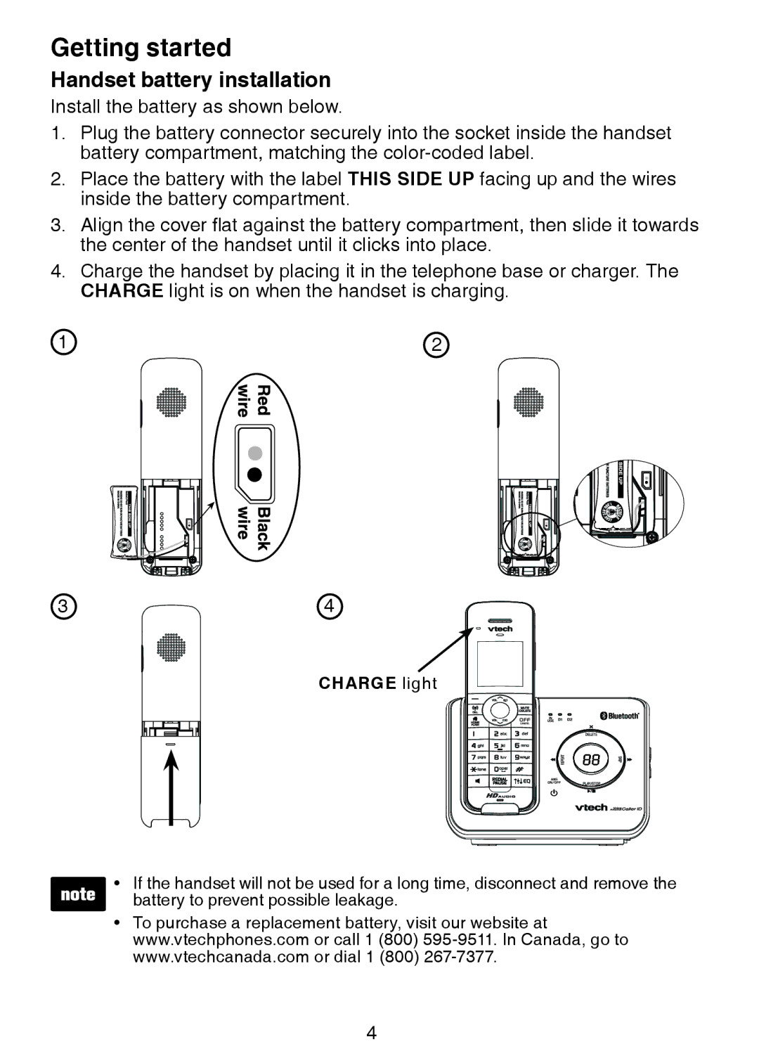 VTech DS6472-6 user manual Handset battery installation, Charge light 