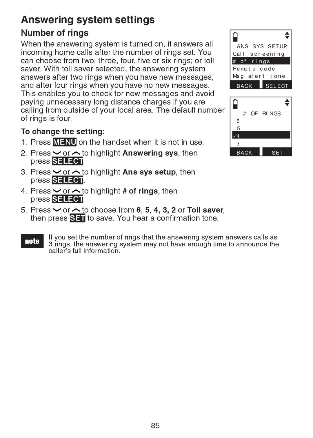 VTech DS6472-6 user manual Number of rings 