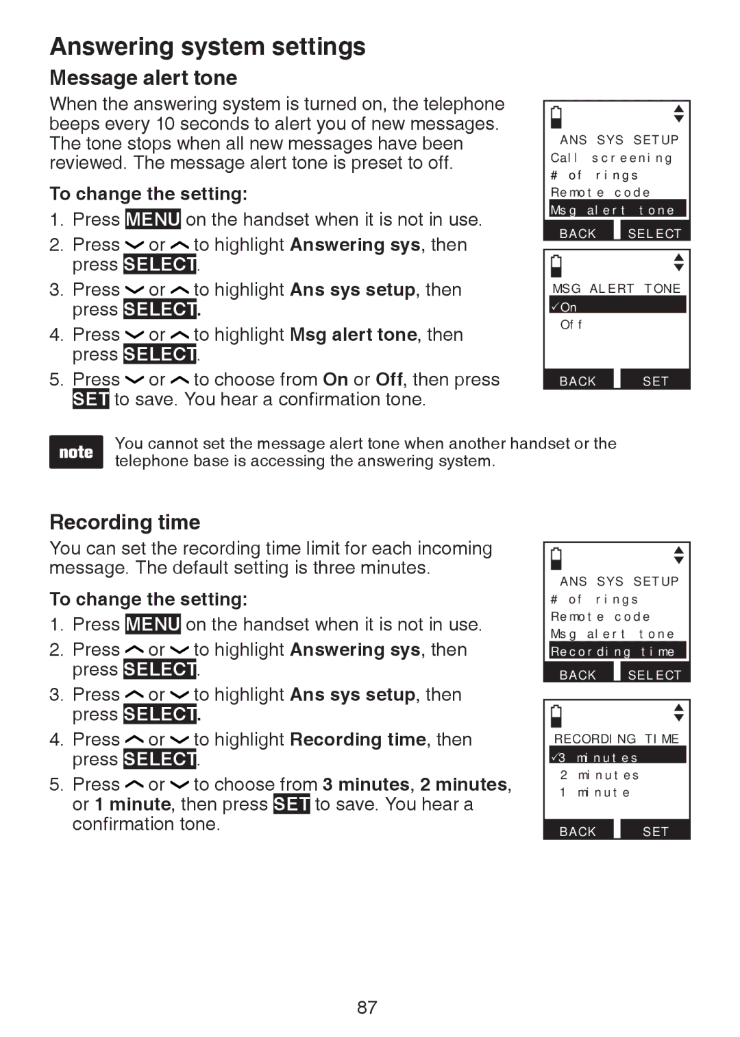 VTech DS6472-6 user manual Message alert tone, Recording time 