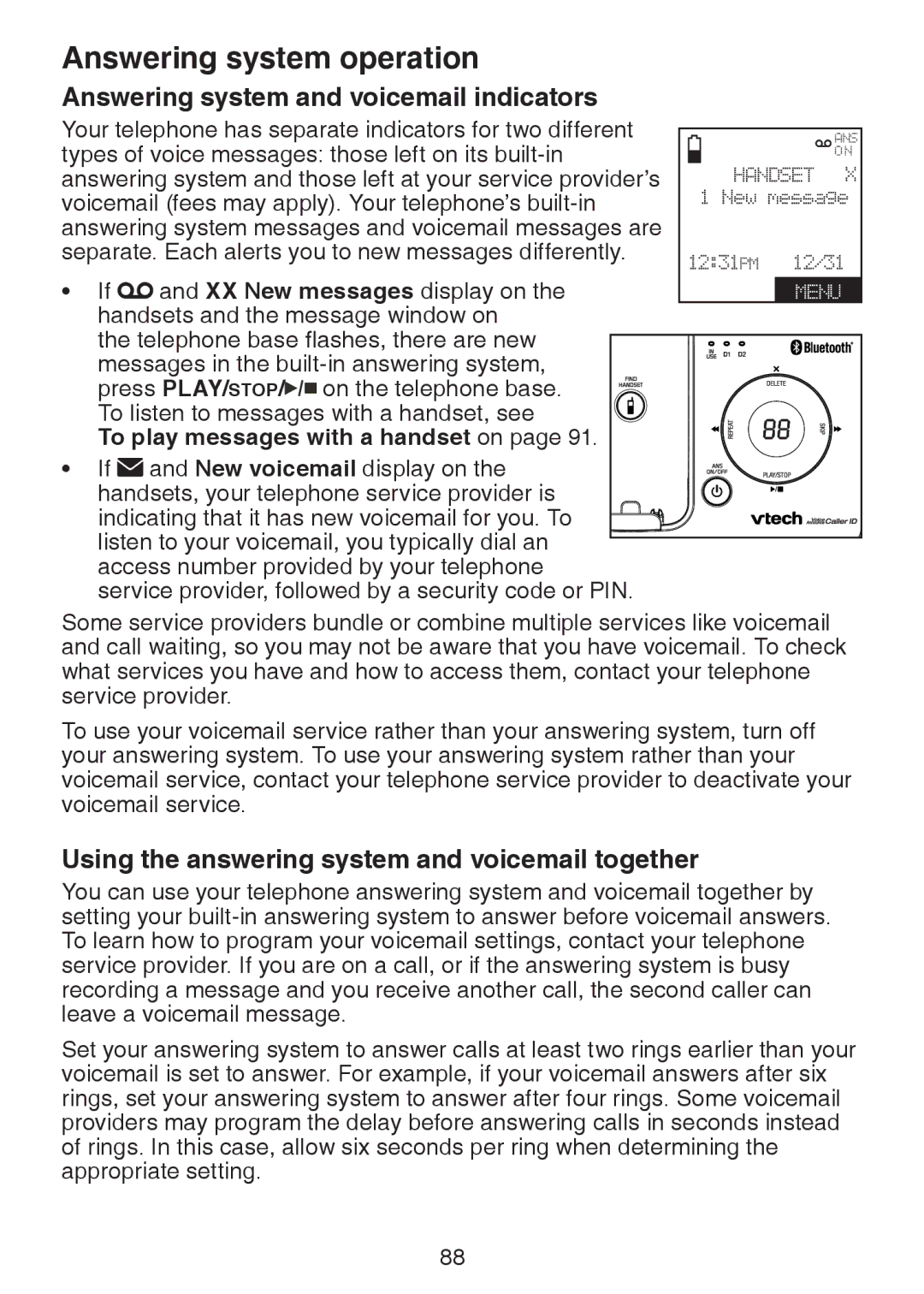 VTech DS6472-6 Answering system operation, Answering system and voicemail indicators, To play messages with a handset on 