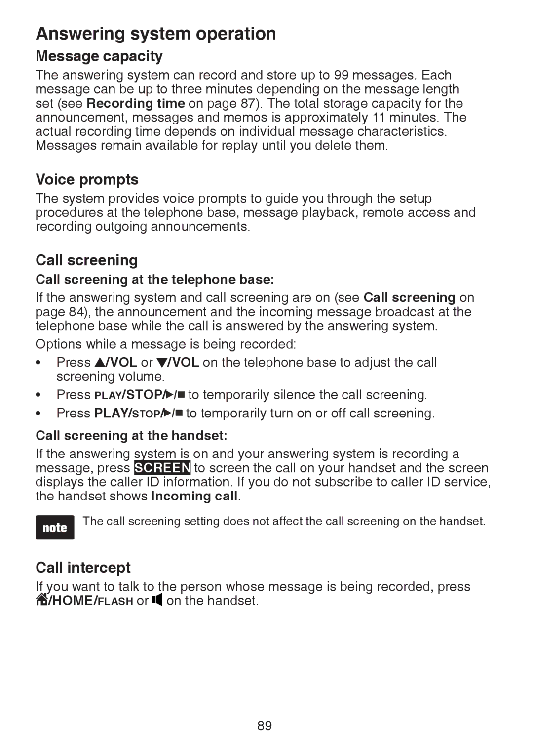 VTech DS6472-6 user manual Message capacity, Voice prompts, Call intercept, Call screening at the telephone base 