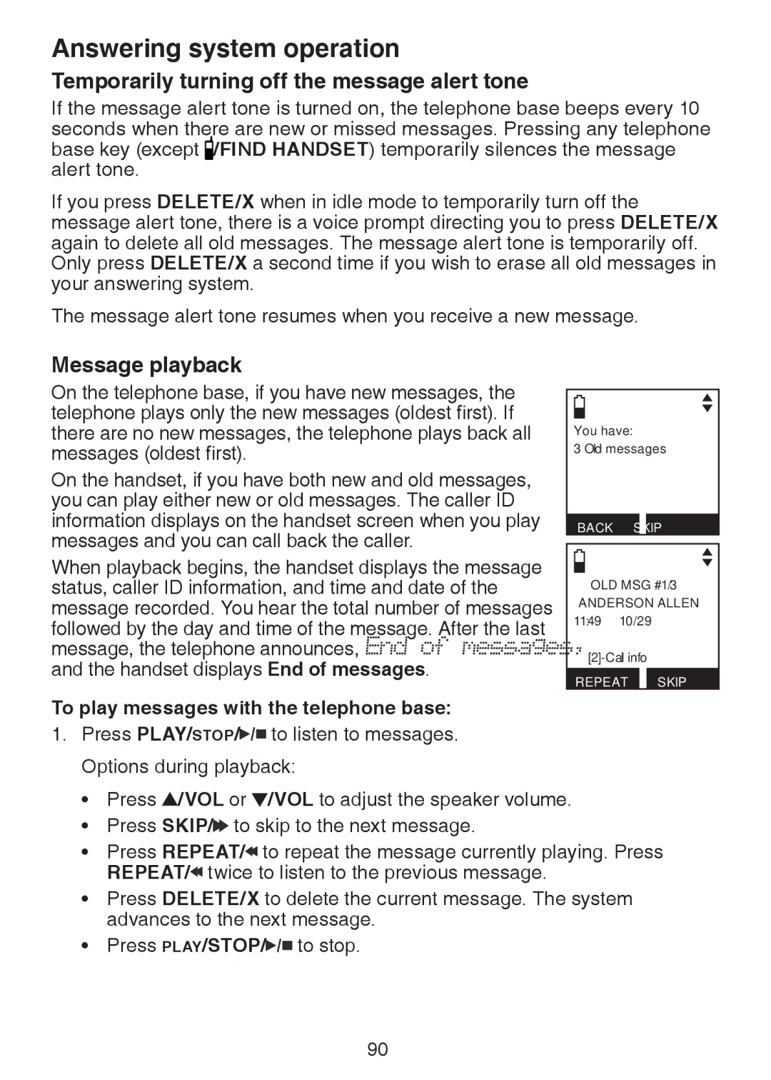 VTech DS6472-6 Temporarily turning off the message alert tone, Message playback, To play messages with the telephone base 