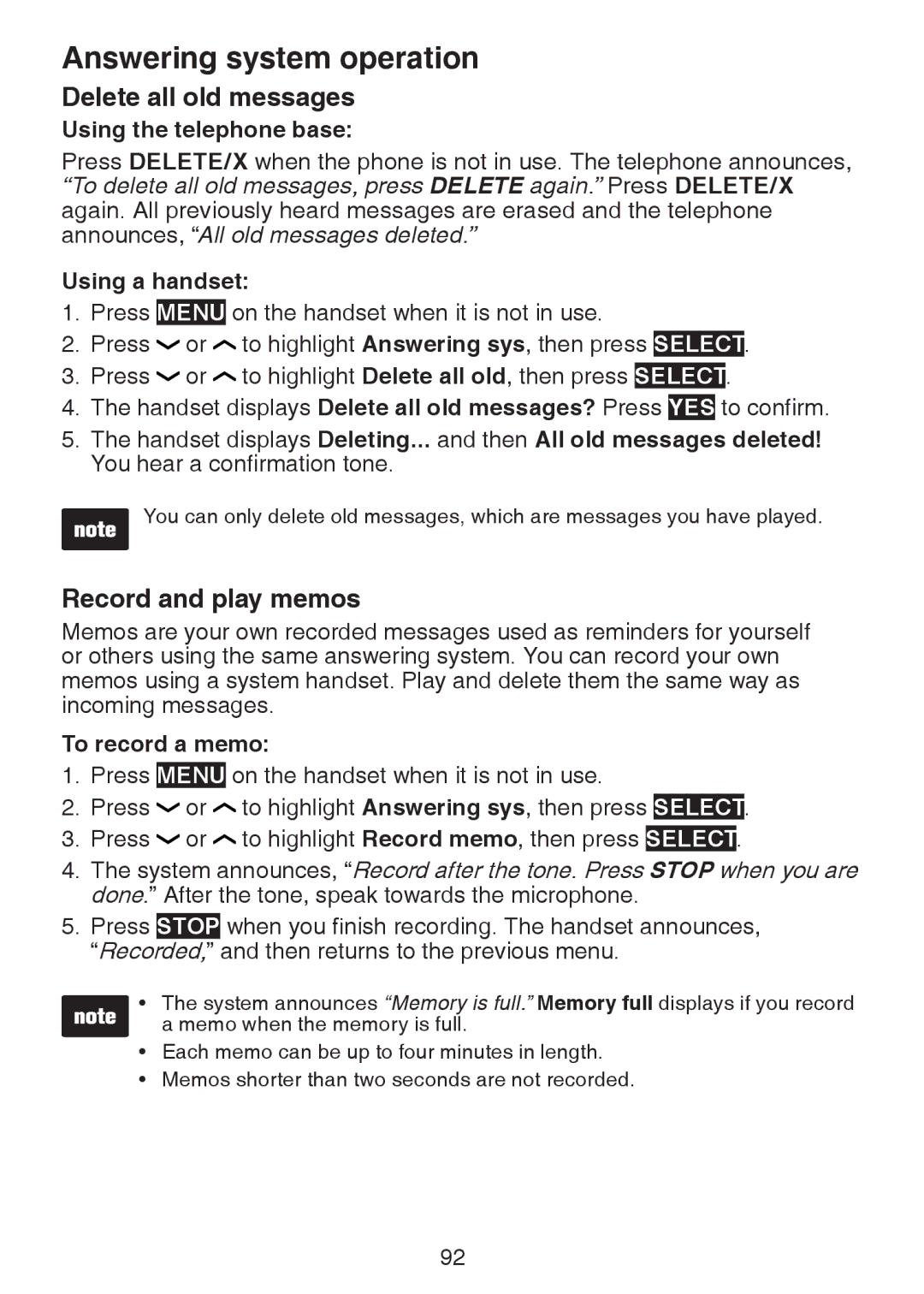 VTech DS6472-6 user manual Delete all old messages, Record and play memos, To record a memo 