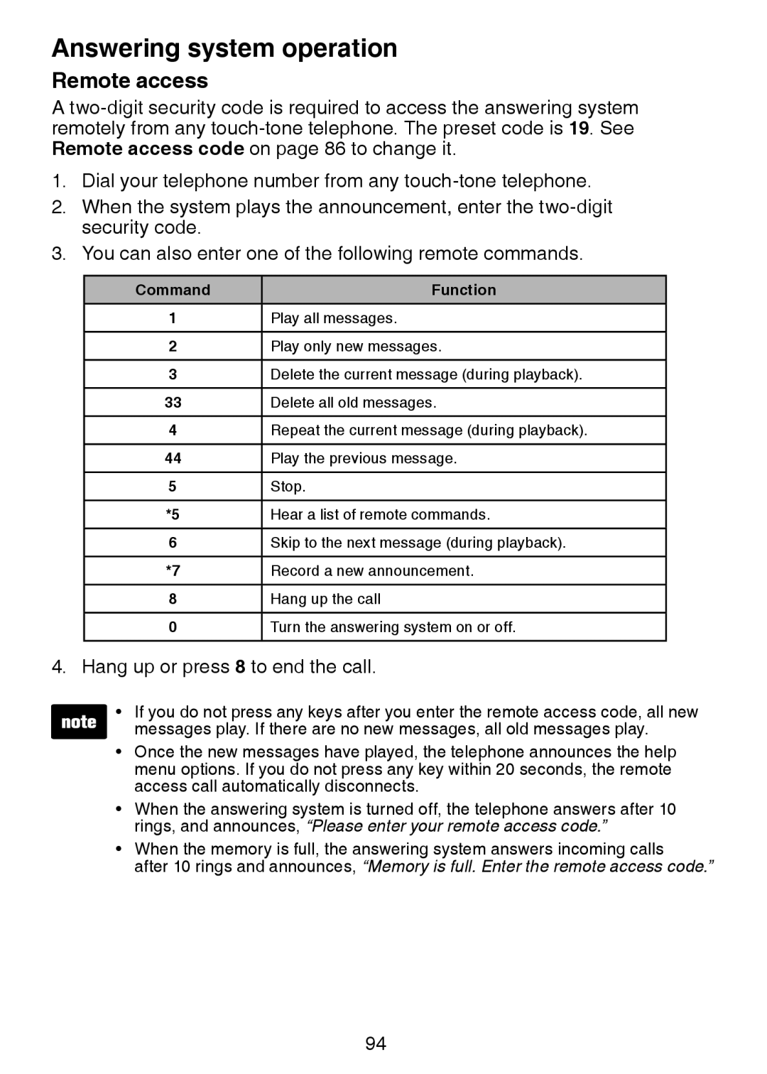 VTech DS6472-6 user manual Remote access, Command Function 