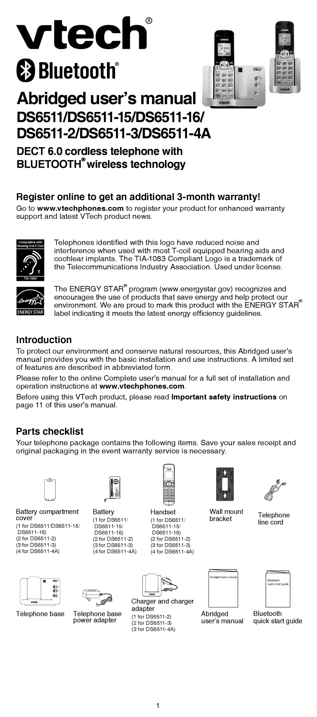 VTech DS6511-3, DS6511-2 user manual Register online to get an additional 3-month warranty, Introduction, Parts checklist 