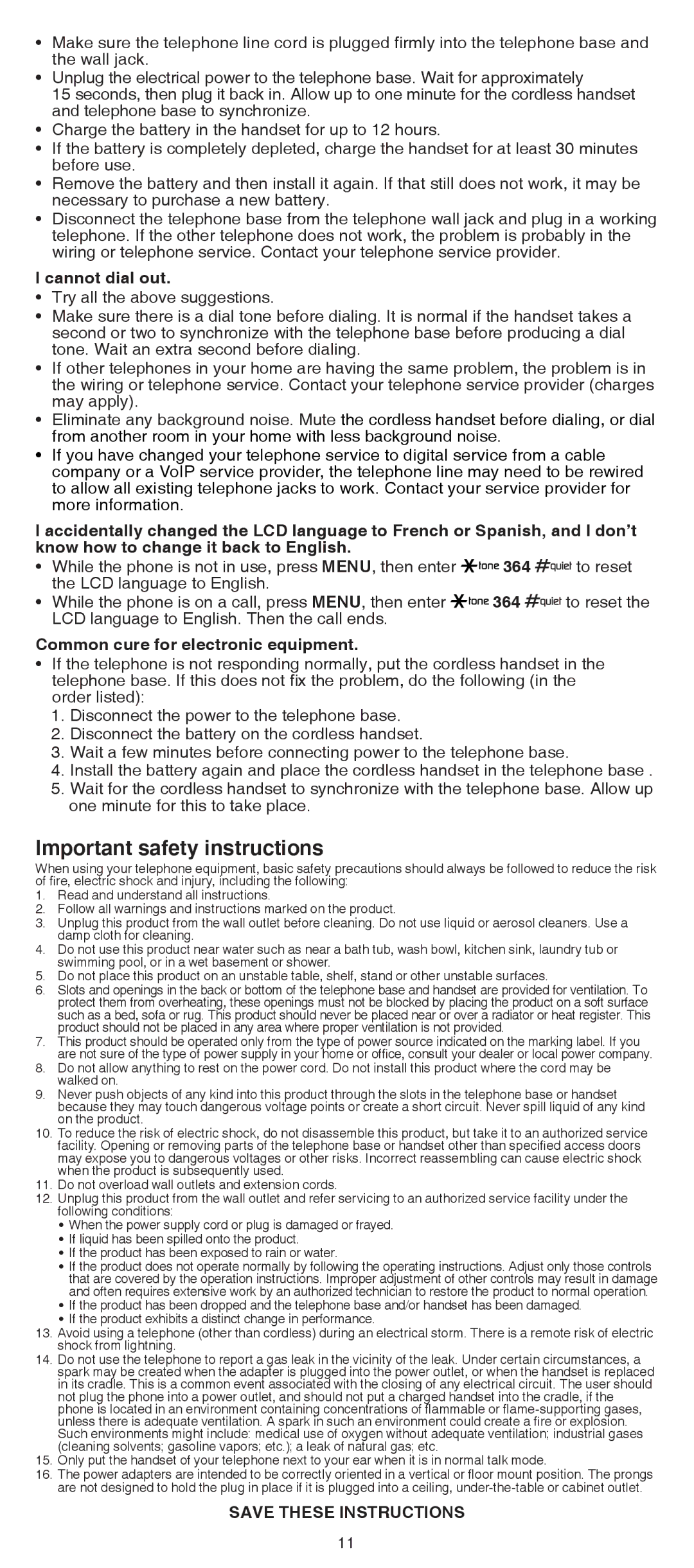 VTech DS6511-15, DS6511-2, DS6511-3 Important safety instructions, Cannot dial out, Common cure for electronic equipment 