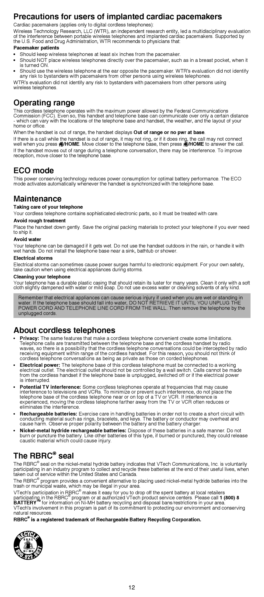 VTech DS6511-2 Precautions for users of implanted cardiac pacemakers, Operating range, ECO mode, Maintenance, Rbrc seal 