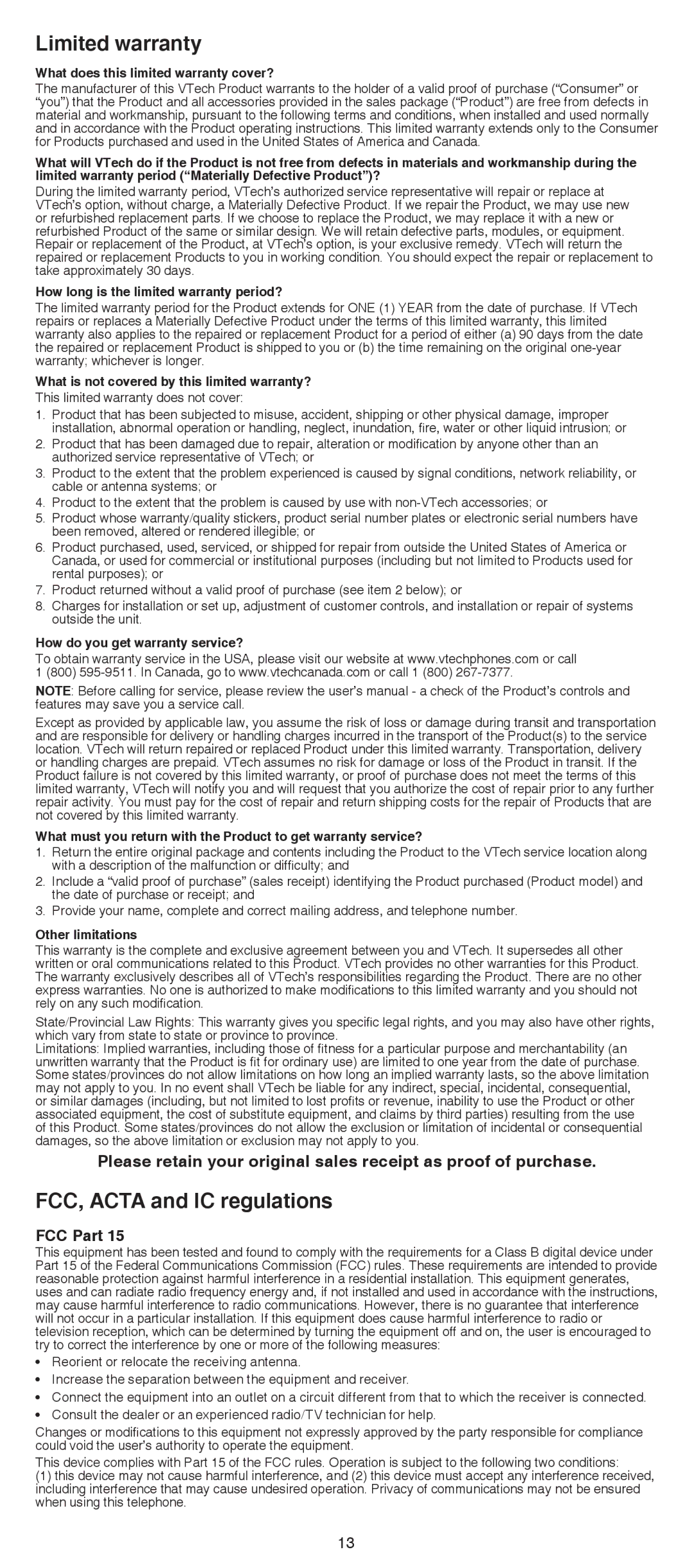 VTech DS6511-3, DS6511-2, DS6511-4A, DS6511-16, DS6511-15 user manual Limited warranty, FCC, Acta and IC regulations, FCC Part 