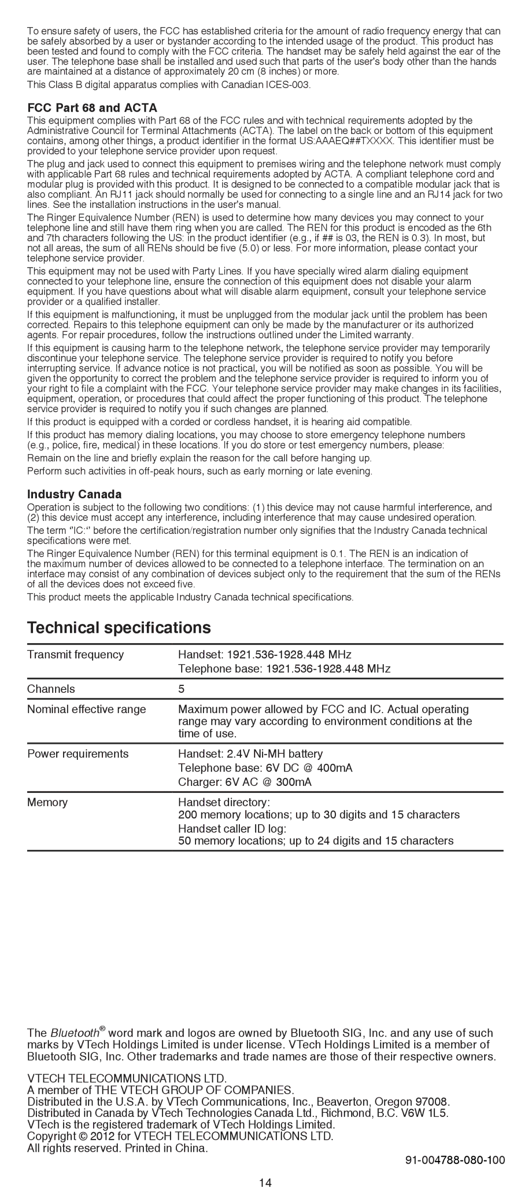 VTech DS6511-4A, DS6511-2, DS6511-3, DS6511-16, DS6511-15 Technical specifications, FCC Part 68 and Acta, Industry Canada 