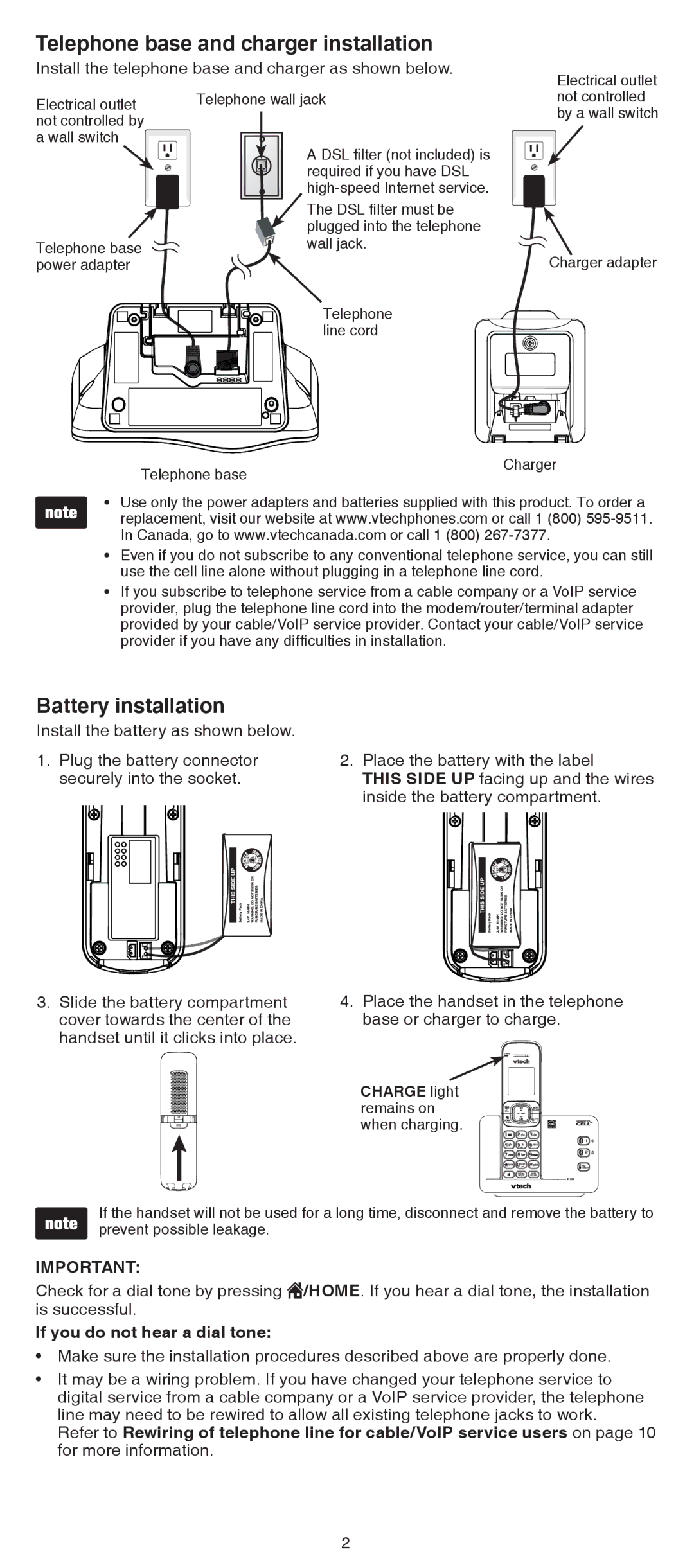 VTech DS6511-4A, DS6511-2 Telephone base and charger installation, Battery installation, If you do not hear a dial tone 