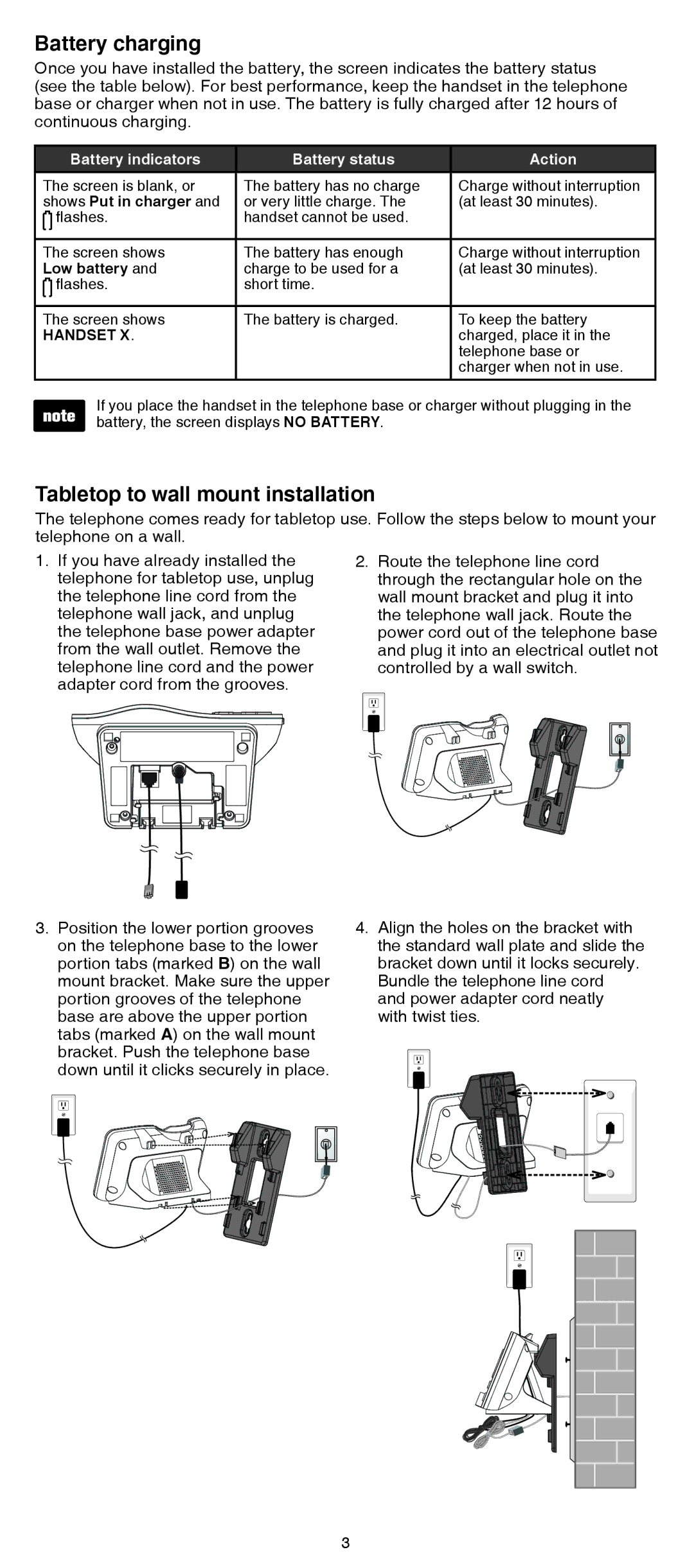 VTech DS6511-2, DS6511-3 Battery charging, Tabletop to wall mount installation, Shows Put in charger, Low battery 