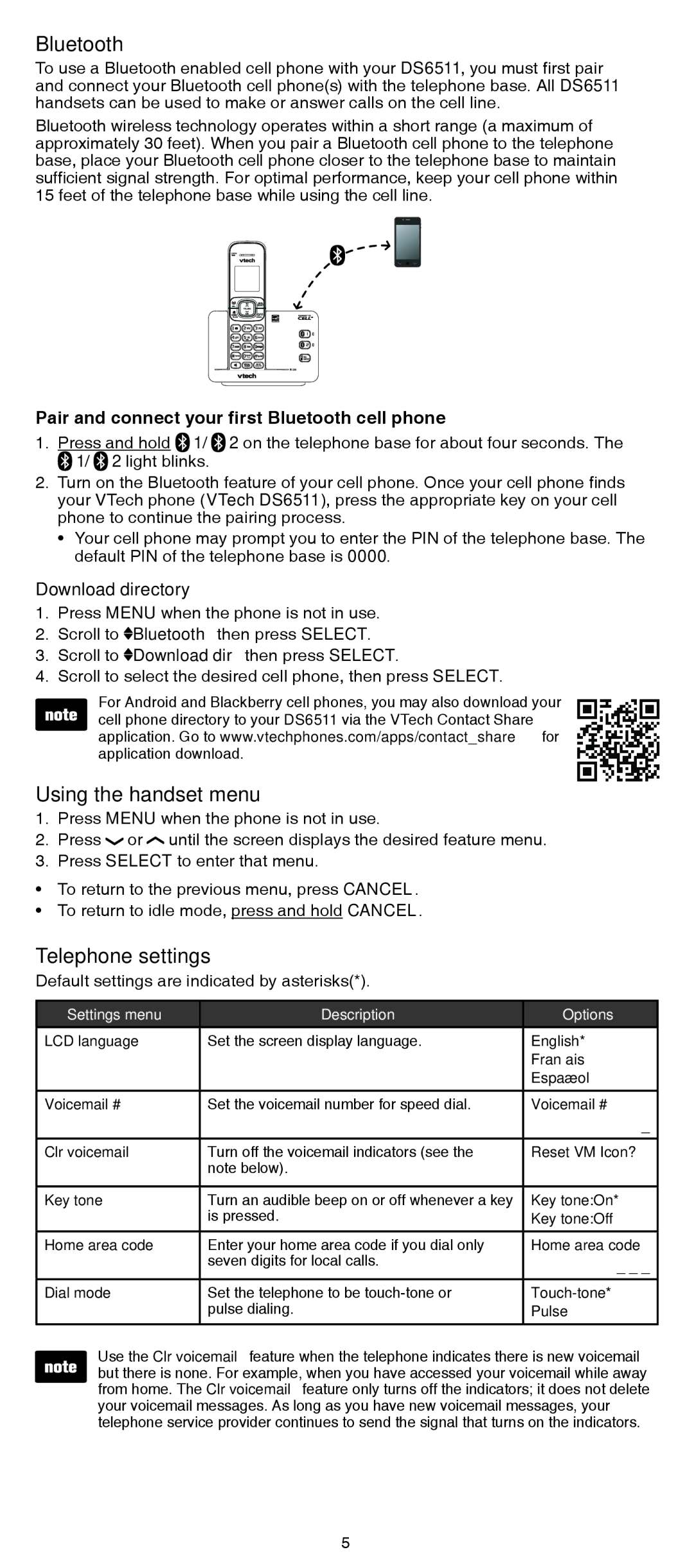 VTech DS6511-15, DS6511-2 Using the handset menu, Telephone settings, Pair and connect your first Bluetooth cell phone 