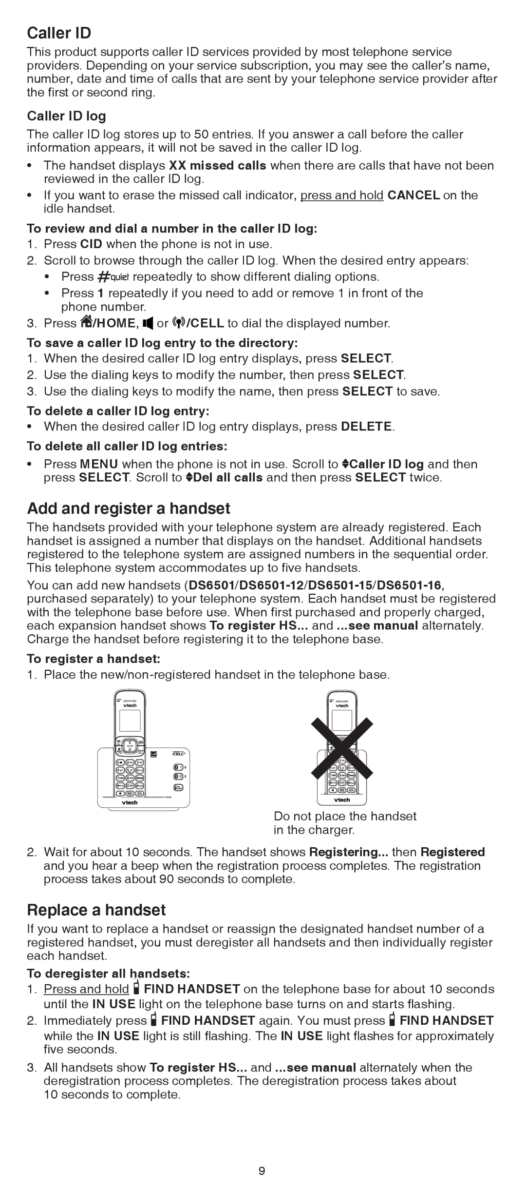 VTech DS6511-2, DS6511-3, DS6511-4A, DS6511-16, DS6511-15 Add and register a handset, Replace a handset, Caller ID log 