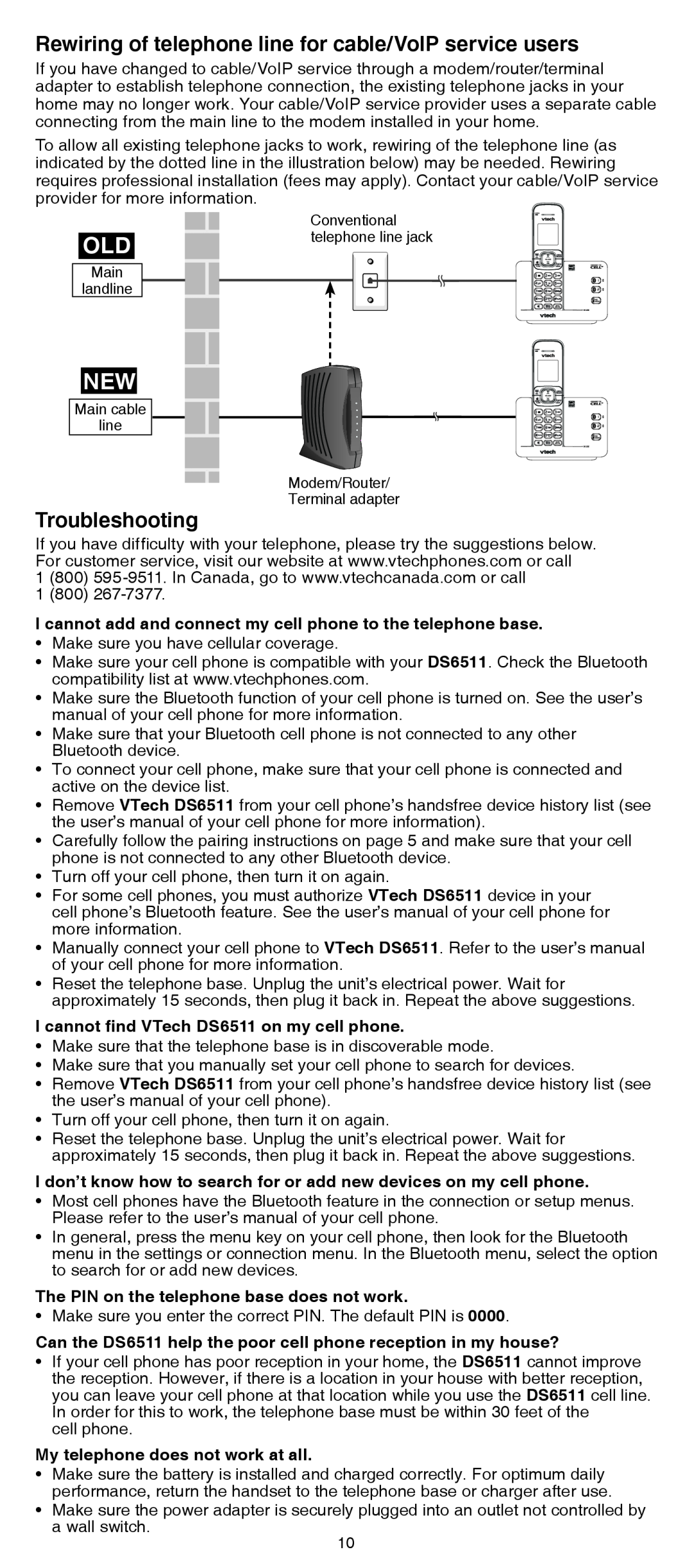 VTech DS6511-16, DS6511-2, DS6511-3, DS6511-4A Rewiring of telephone line for cable/VoIP service users, Troubleshooting 