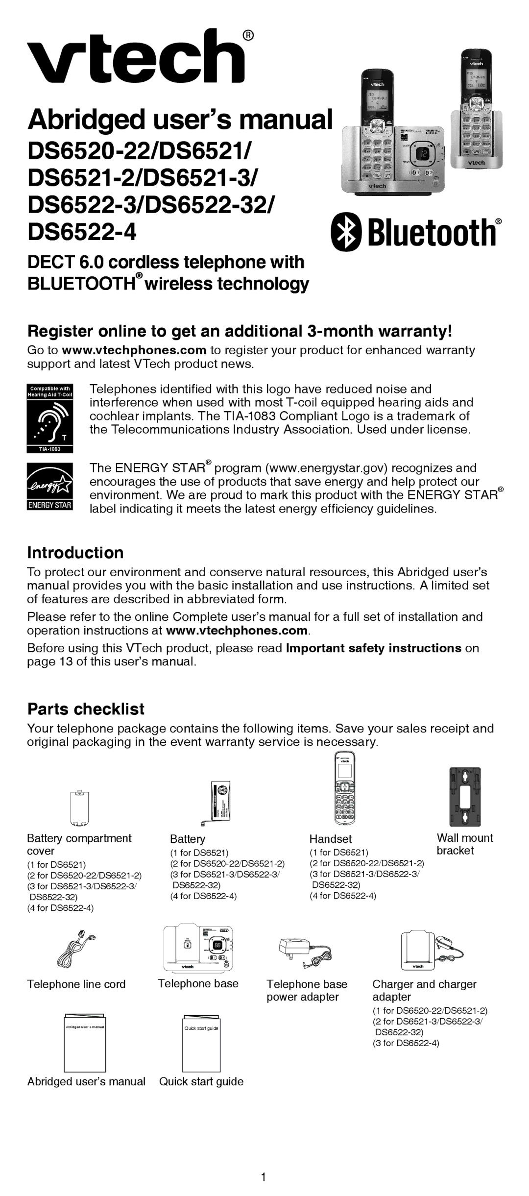 VTech DS6522-4, DS6522-32 user manual Register online to get an additional 3-month warranty, Introduction, Parts checklist 