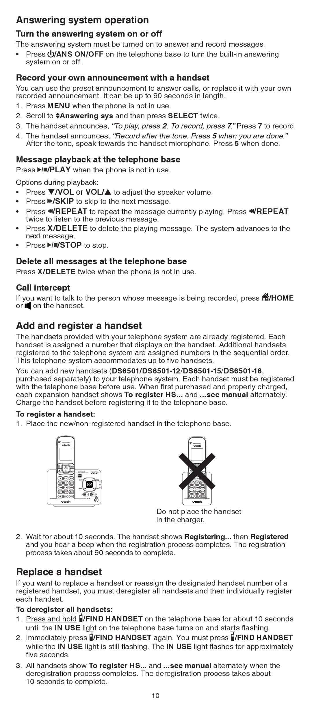 VTech DS6521-3, DS6522-32, DS6522-4, DS6521-2 Answering system operation, Add and register a handset, Replace a handset 