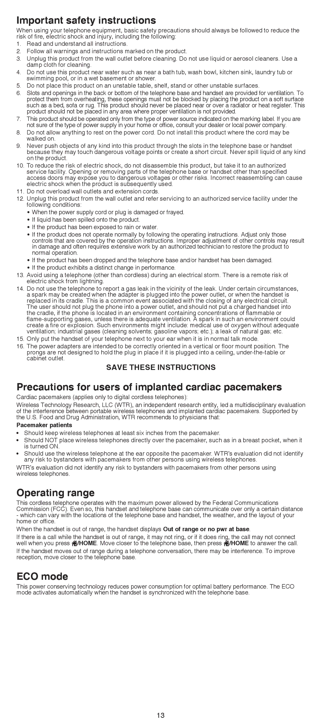 VTech DS6521 Important safety instructions, Precautions for users of implanted cardiac pacemakers, Operating range 