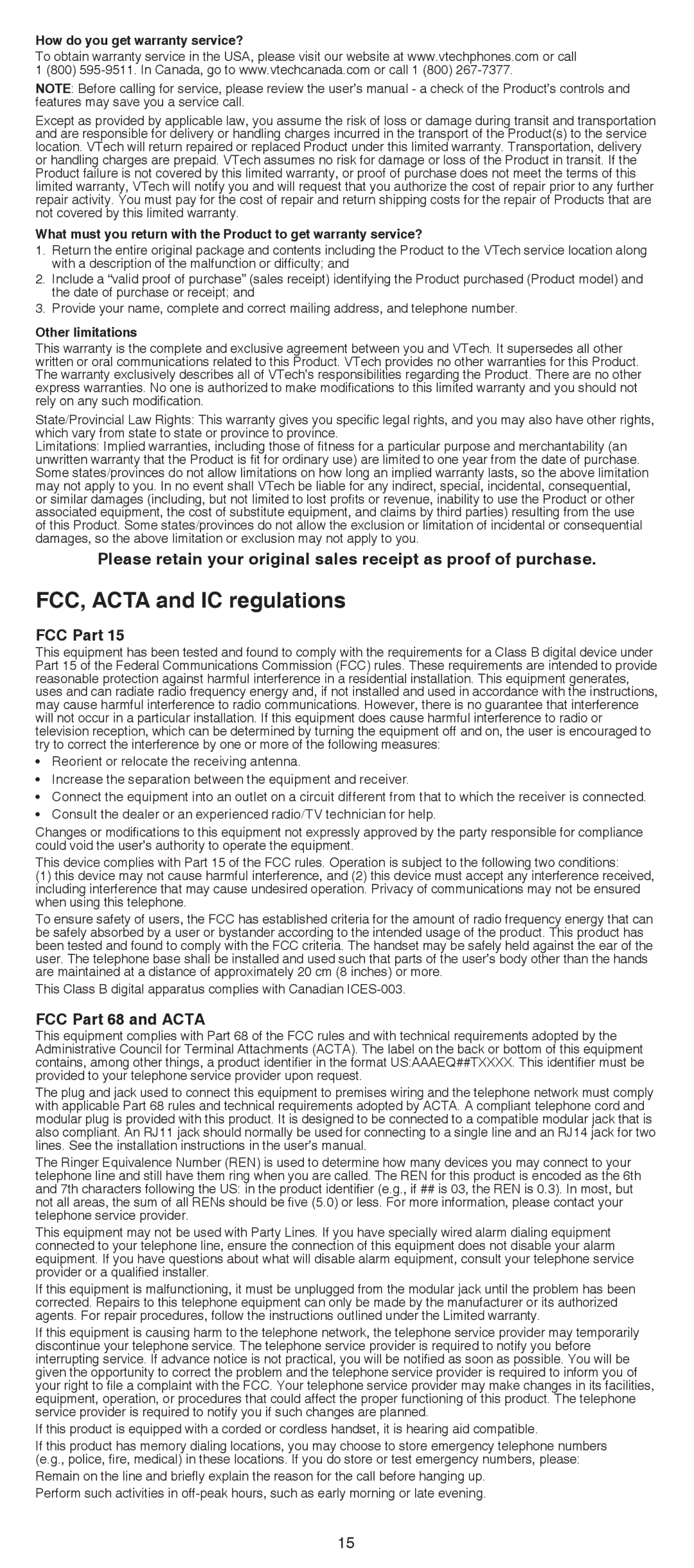 VTech DS6522-4, DS6522-32, DS6521-3, DS6521-2, DS6520-22 user manual FCC, Acta and IC regulations, FCC Part 68 and Acta 