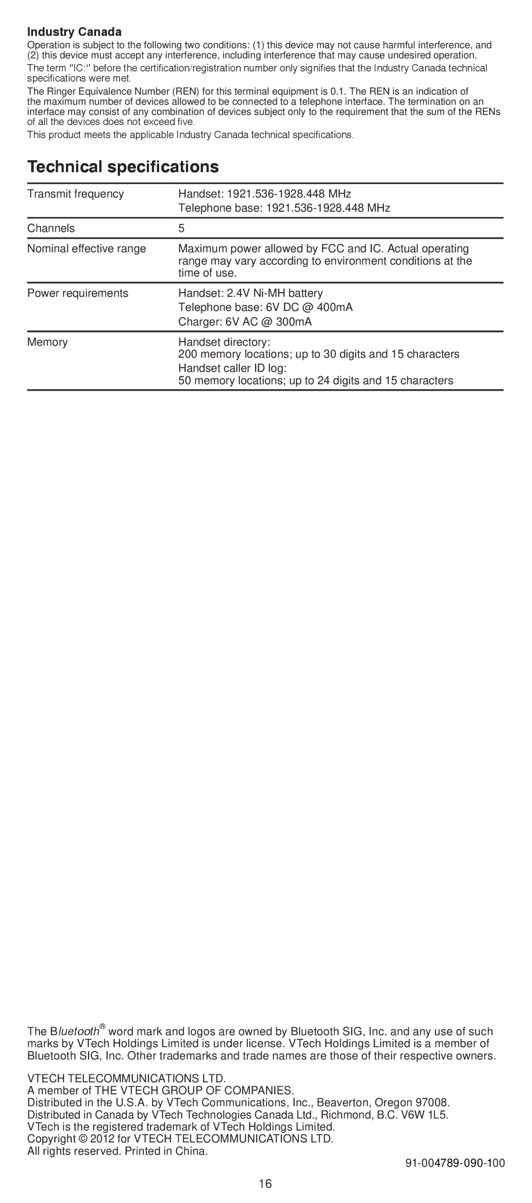 VTech DS6522-32, DS6522-4, DS6521-3, DS6521-2, DS6520-22 user manual Technical specifications, Industry Canada 