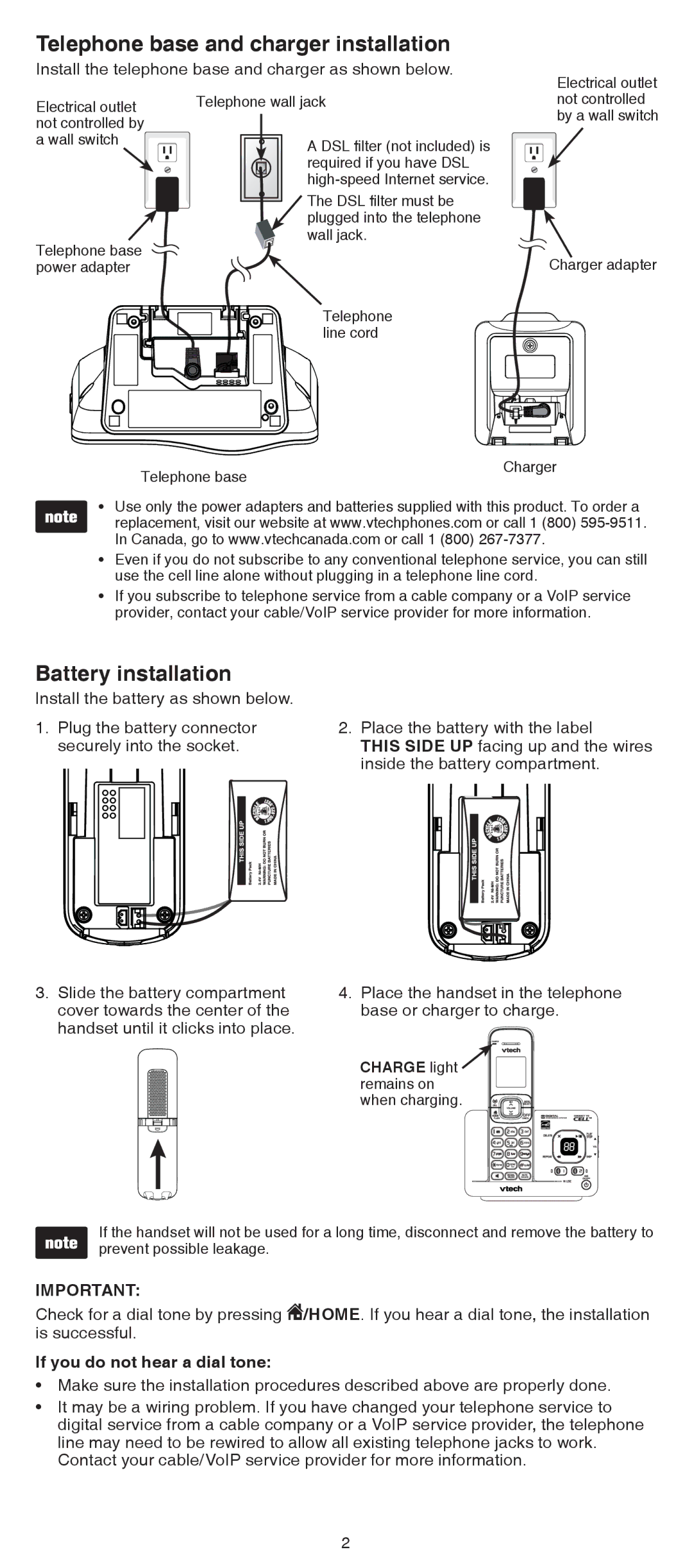 VTech DS6522-32, DS6522-4 Telephone base and charger installation, Battery installation, If you do not hear a dial tone 