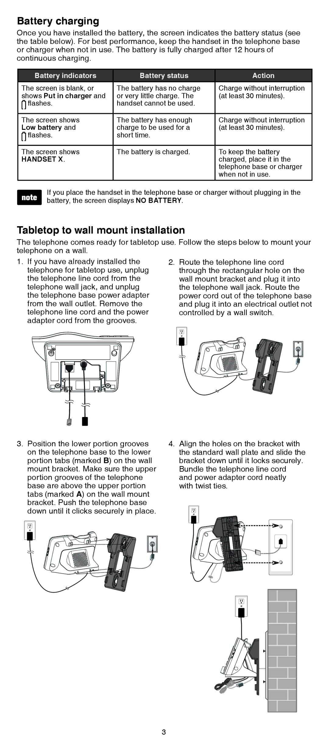 VTech DS6521-3, DS6522-32, DS6522-4, DS6521-2, DS6520-22 user manual Battery charging, Tabletop to wall mount installation 