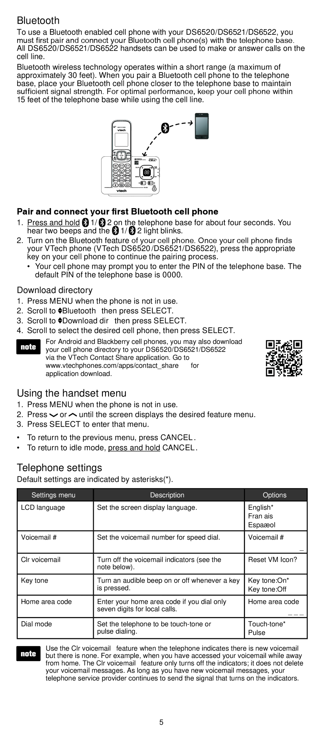 VTech DS6520-22, DS6522-4 Using the handset menu, Telephone settings, Pair and connect your first Bluetooth cell phone 