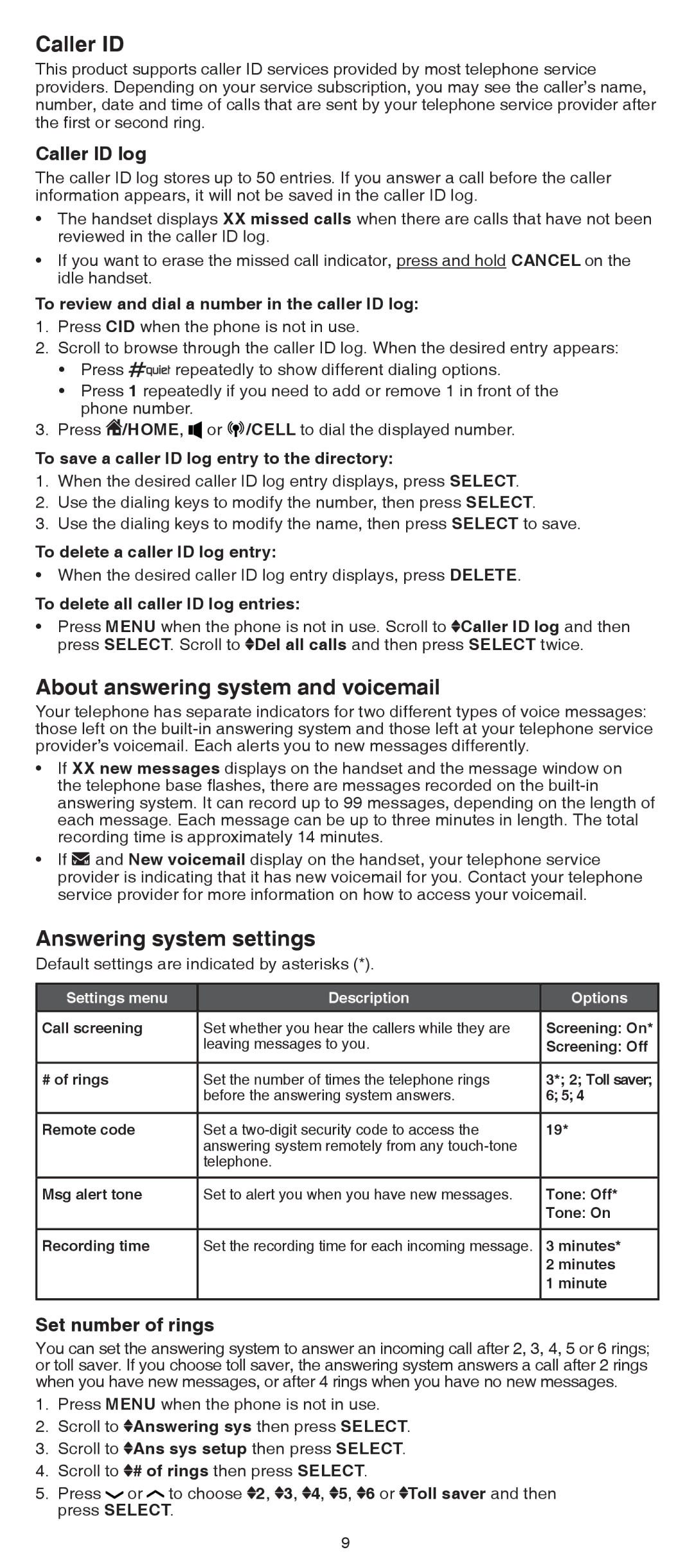 VTech DS6522-3 About answering system and voicemail, Answering system settings, Caller ID log, Set number of rings 