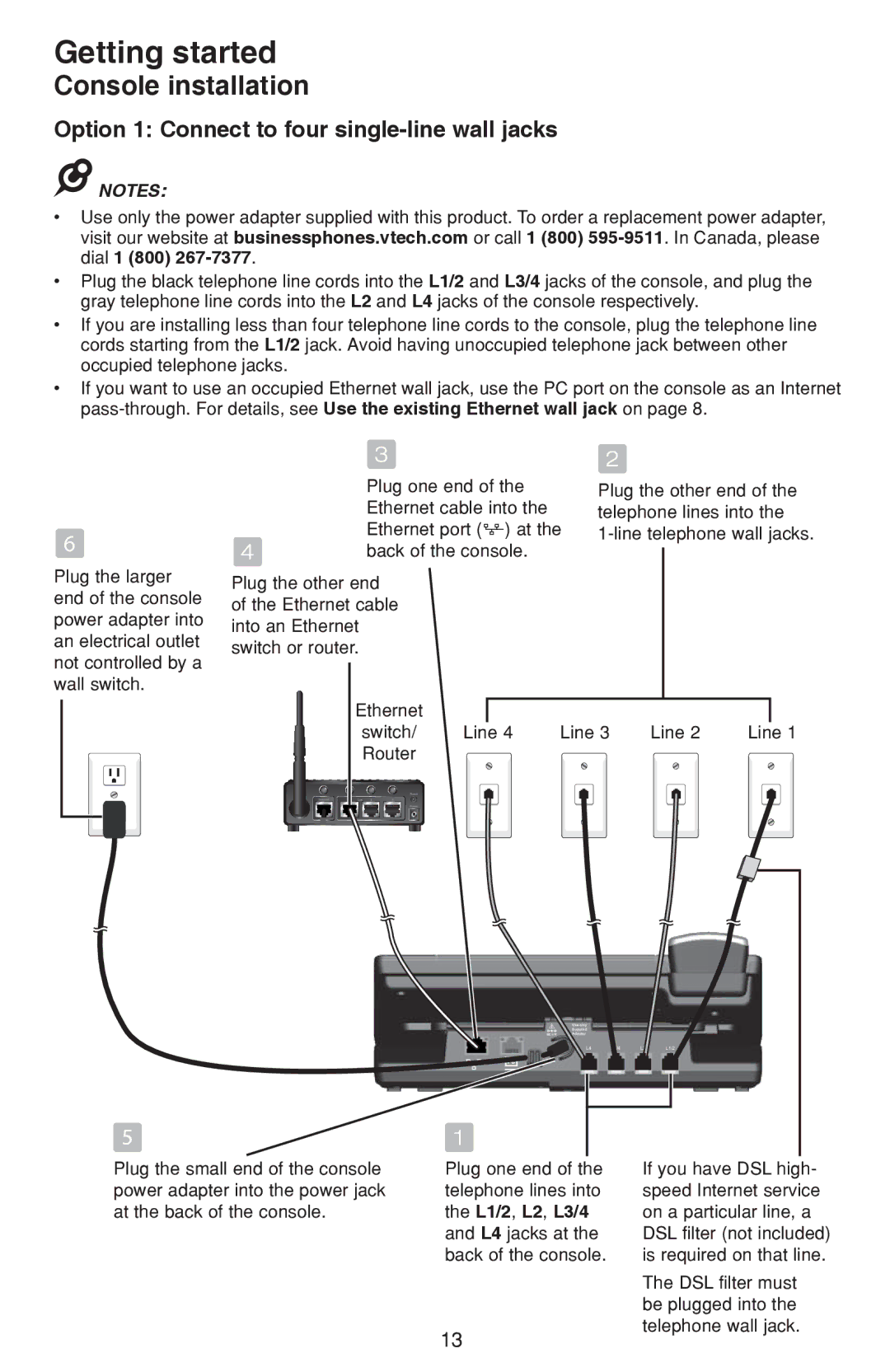 VTech erisbusinesssystem 4-line office phones main console warranty Option 1 Connect to four single-line wall jacks 