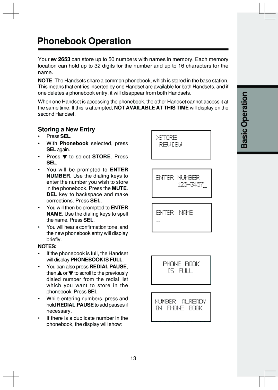 VTech ev 2653 manual Phonebook Operation, Storing a New Entry 