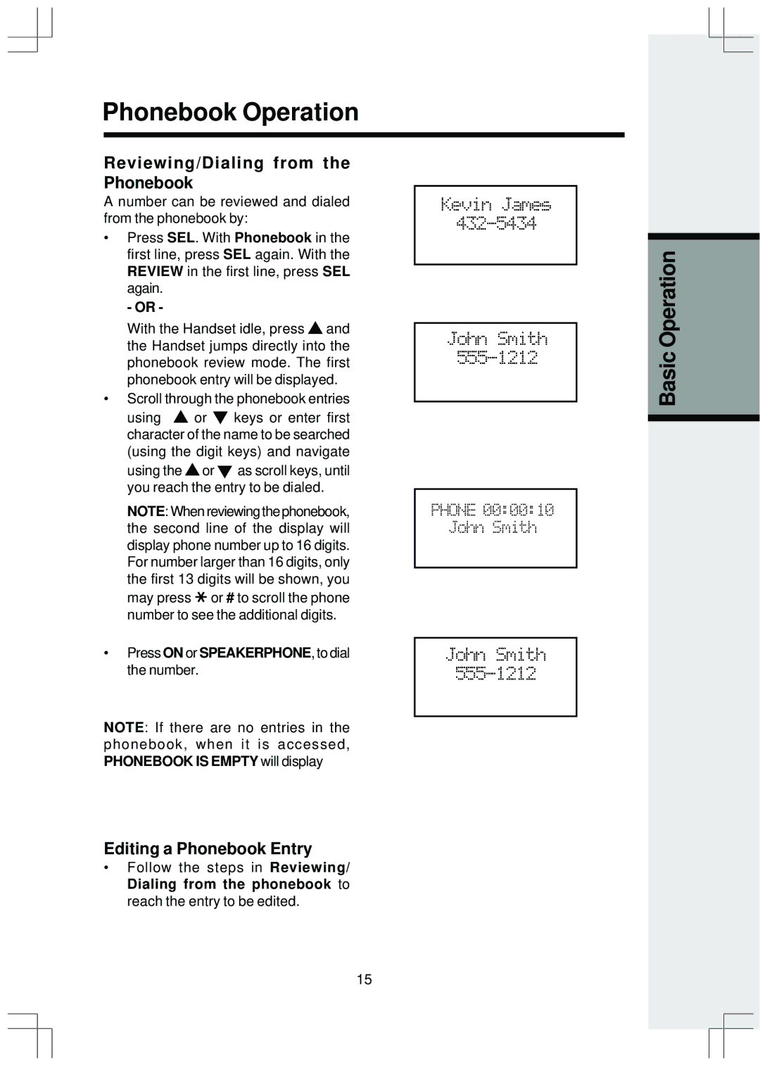 VTech ev 2653 manual Reviewing/Dialing from the Phonebook, Editing a Phonebook Entry 