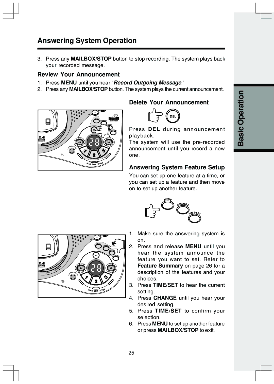 VTech ev 2653 manual Review Your Announcement, Delete Your Announcement, Answering System Feature Setup 