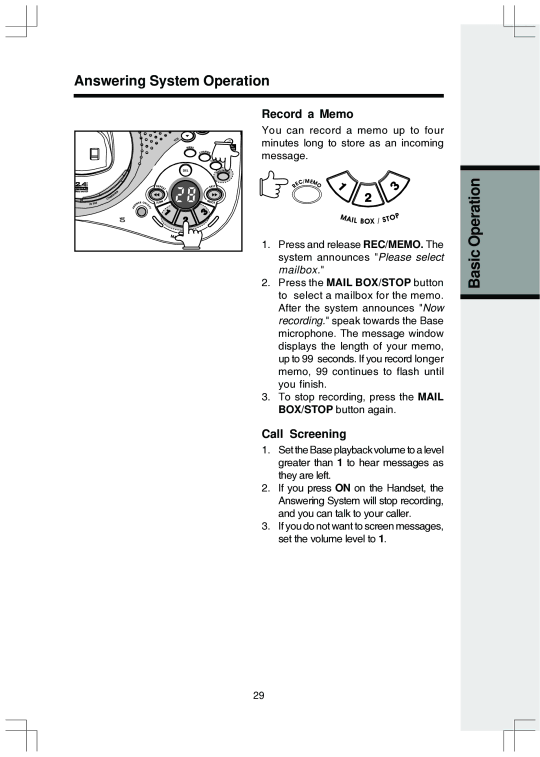 VTech ev 2653 manual Record a Memo, Call Screening 