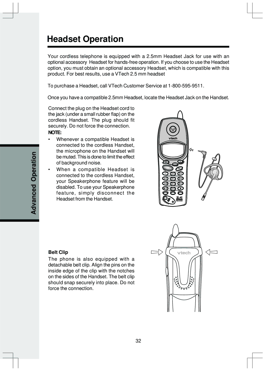 VTech ev 2653 manual Headset Operation, Belt Clip 