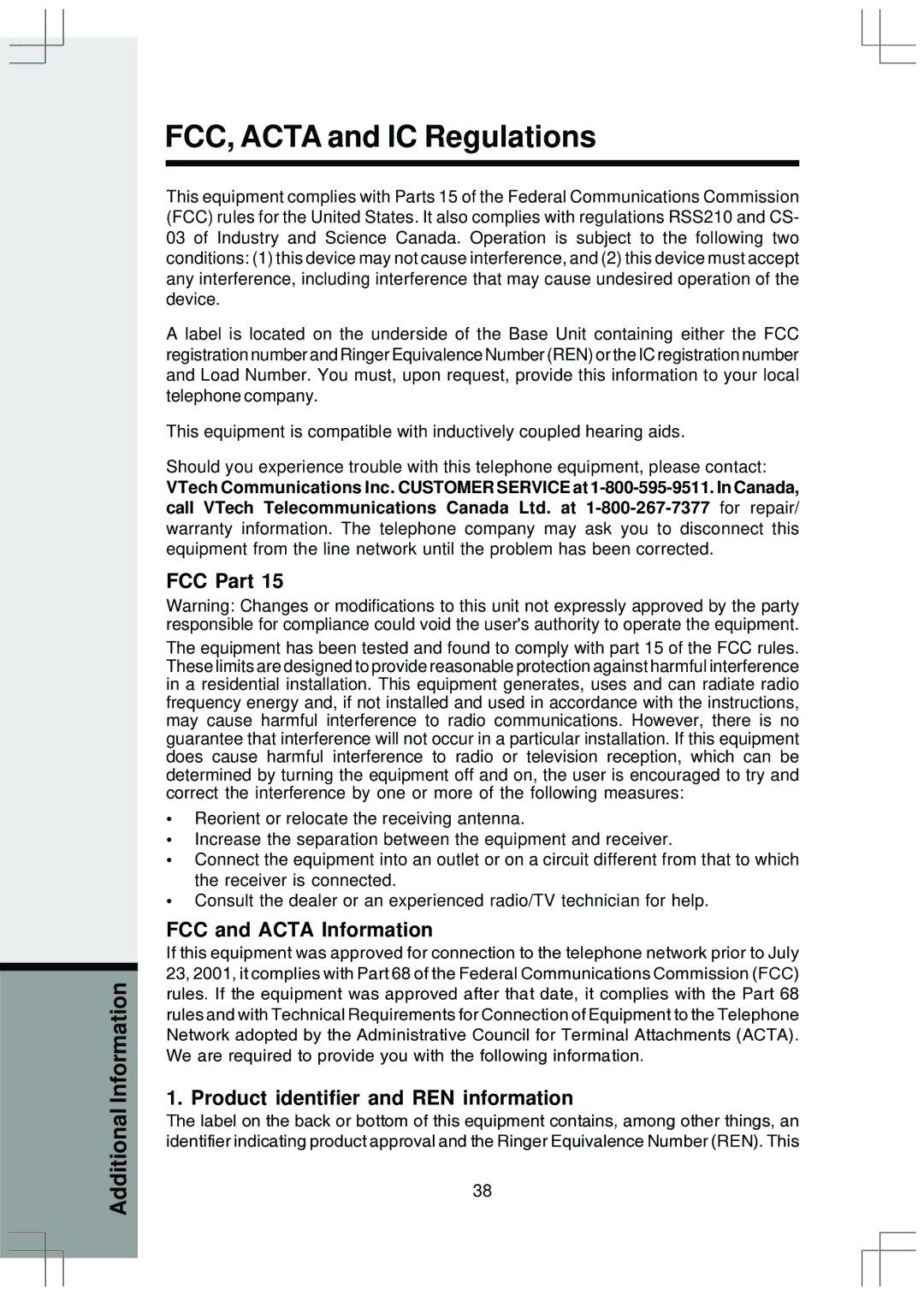 VTech ev 2653 FCC, Acta and IC Regulations, FCC Part, FCC and Acta Information, Product identifier and REN information 