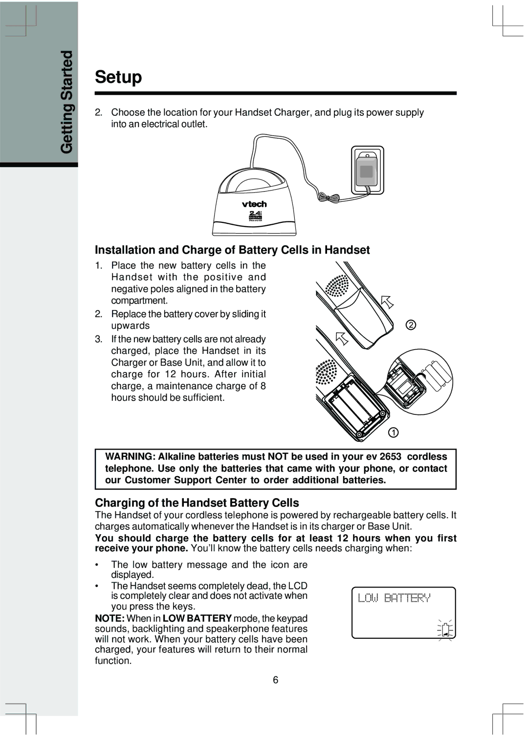 VTech ev 2653 manual Installation and Charge of Battery Cells in Handset, Charging of the Handset Battery Cells 