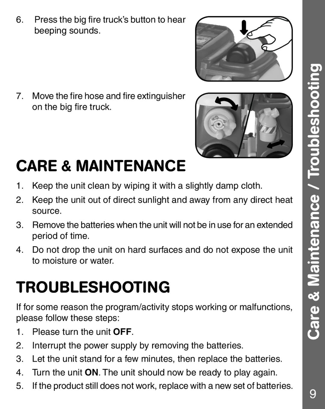 VTech fire command rescue center user manual Care & Maintenance / Troubleshooting 