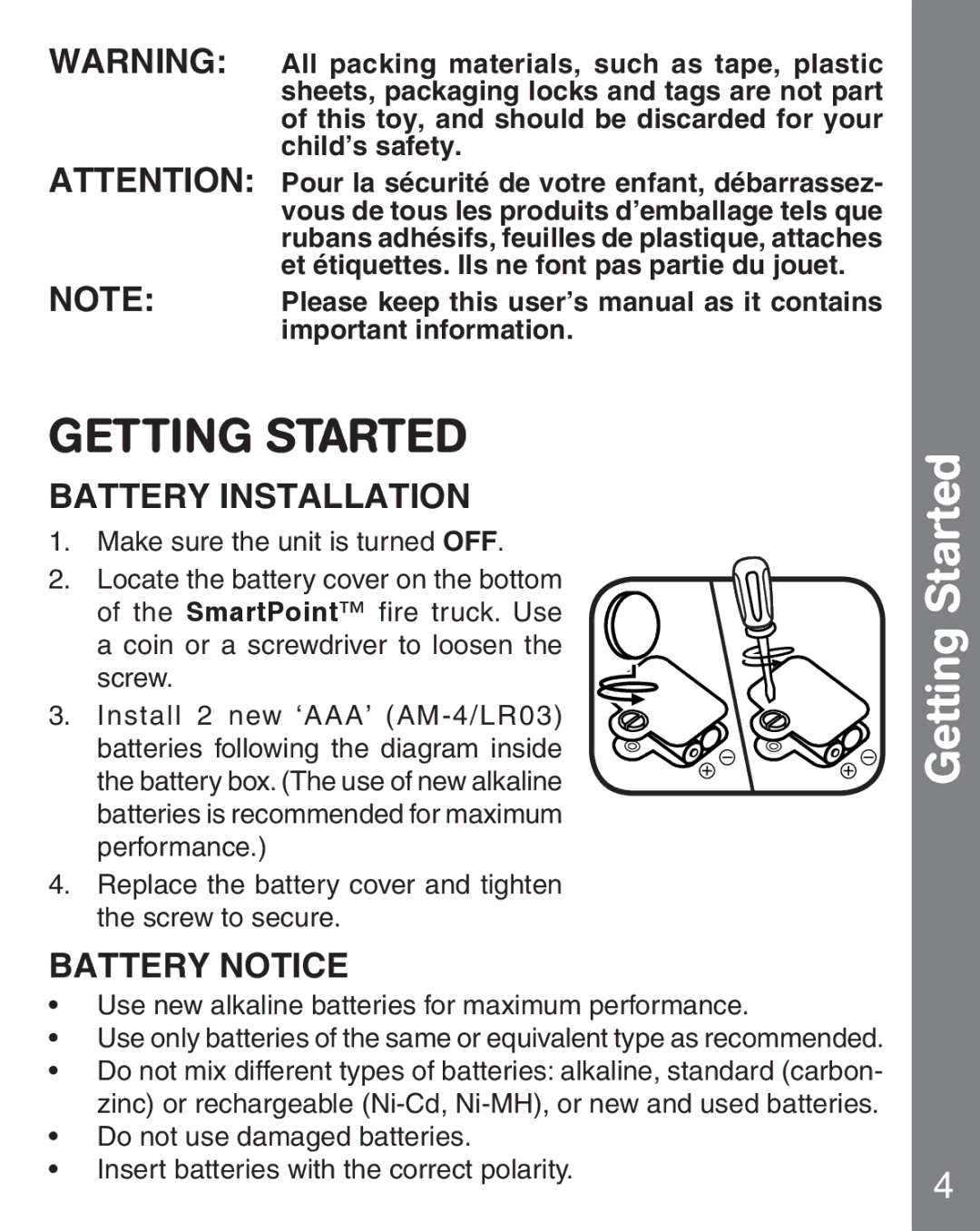 VTech fire command rescue center user manual Getting Started, Battery Installation 