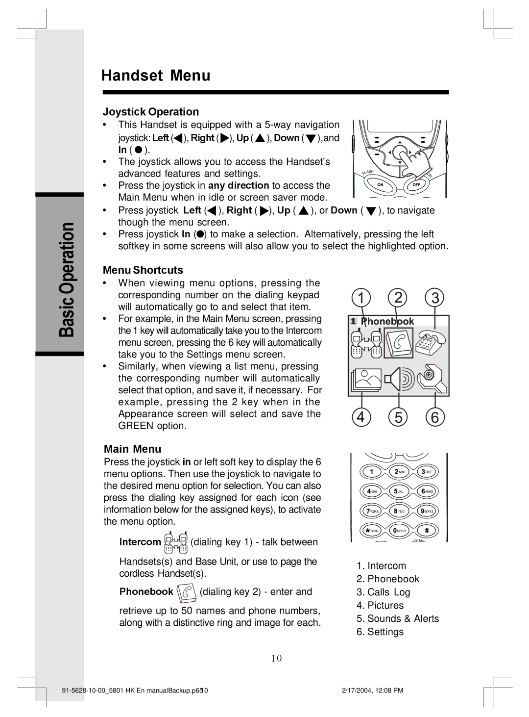 VTech GiGA5.8x VT5836, GiGA5.8x VT5886 Operation Handset Menu, Basic, Joystick Operation, Menu Shortcuts, Main Menu 