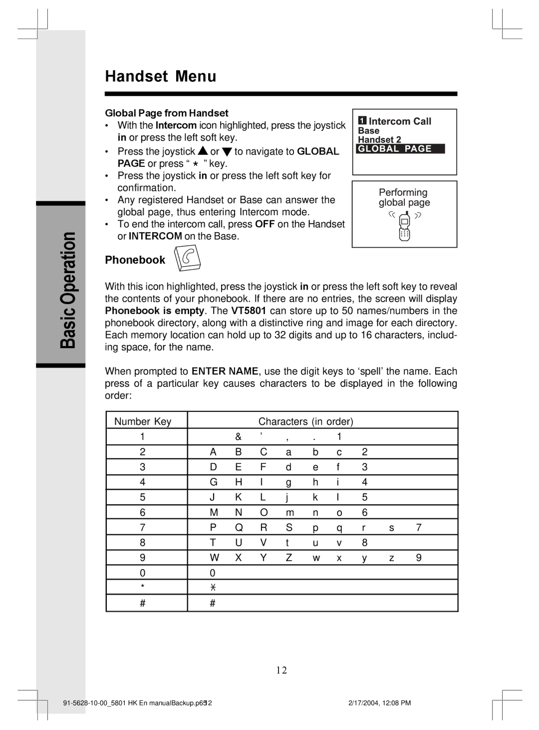 VTech GiGA5.8x VT5836, GiGA5.8x VT5886 user manual Basic Operation Handset Menu, Phonebook, Global Page from Handset 