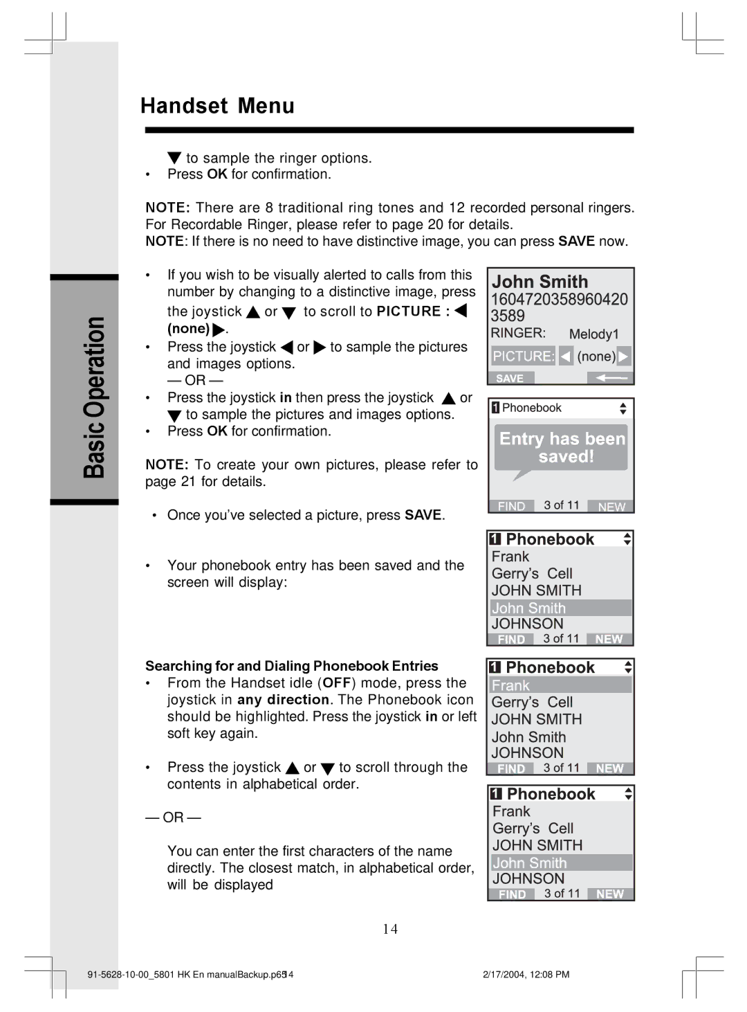 VTech GiGA5.8x VT5836, GiGA5.8x VT5886 user manual None, Searching for and Dialing Phonebook Entries 