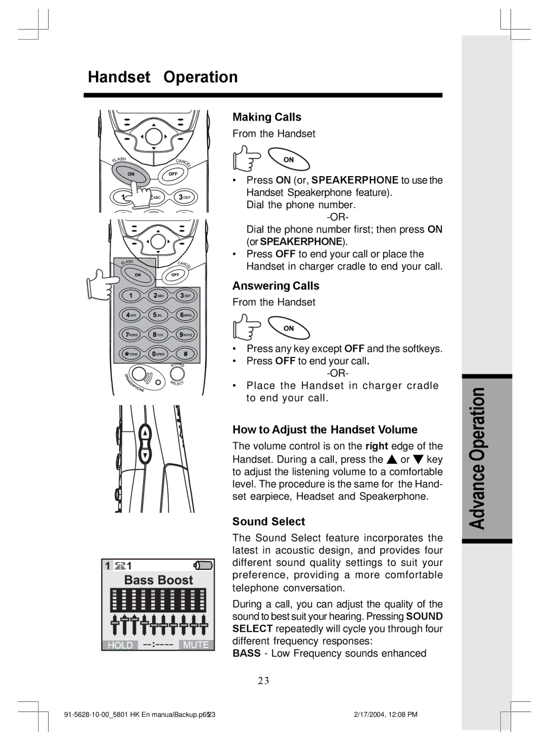 VTech GiGA5.8x VT5886, GiGA5.8x VT5836 user manual Handset Operation, Advance Operation 