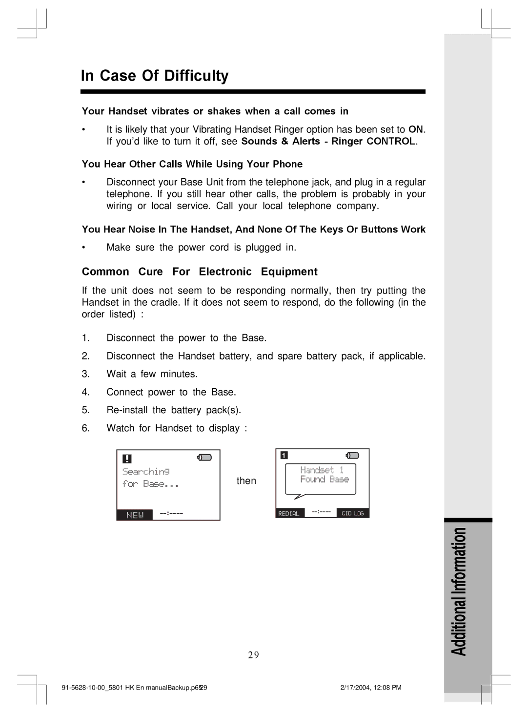 VTech GiGA5.8x VT5886 user manual Common Cure For Electronic Equipment, Your Handset vibrates or shakes when a call comes 