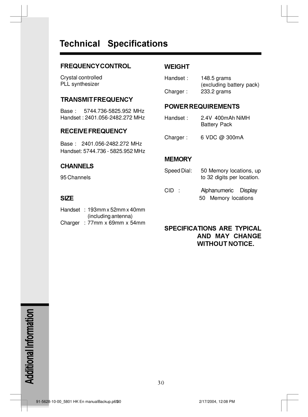 VTech GiGA5.8x VT5836, GiGA5.8x VT5886 user manual Technical Specifications, Memory 